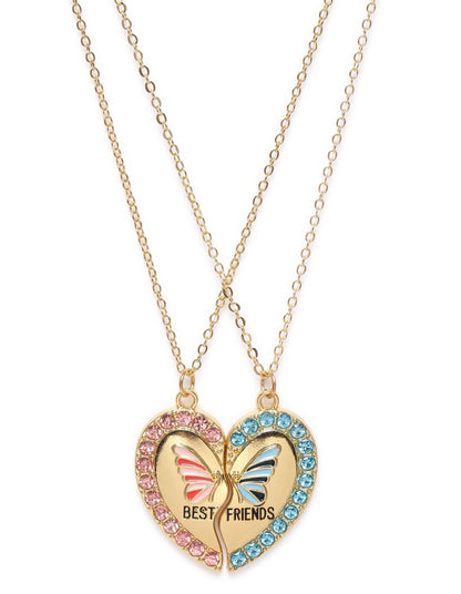 GenZ Set of 2 Rose Gold Plated Best Friend CZ Broken Heart Pendant Multi Pack Necklace