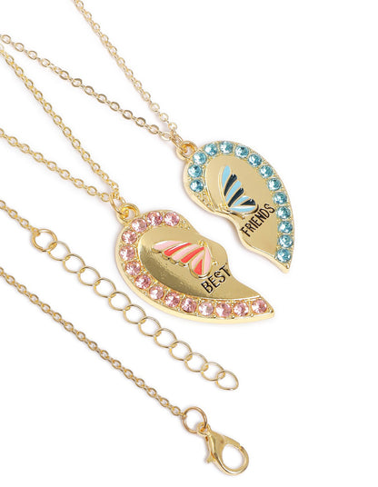 GenZ Set of 2 Rose Gold Plated Best Friend CZ Broken Heart Pendant Multi Pack Necklace
