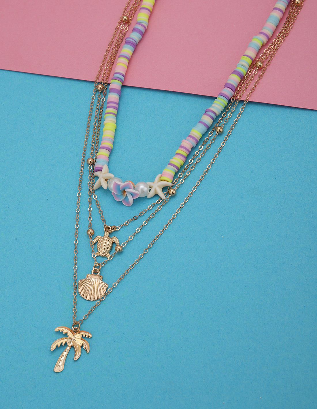 GenZ Set of 2 Rose Gold Plated Multi Layered Tortoise Shell Palm Tree Multi Pack Necklace