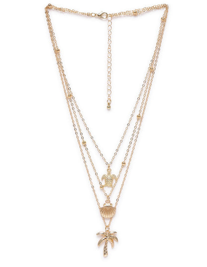GenZ Set of 2 Rose Gold Plated Multi Layered Tortoise Shell Palm Tree Multi Pack Necklace
