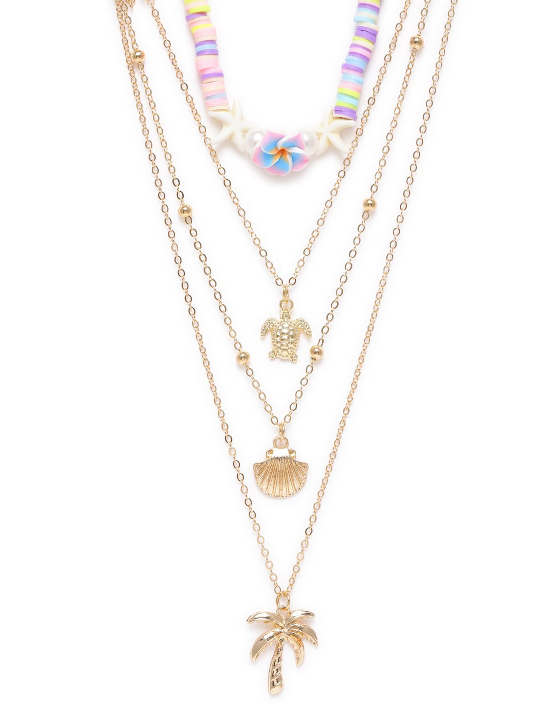 GenZ Set of 2 Rose Gold Plated Multi Layered Tortoise Shell Palm Tree Multi Pack Necklace