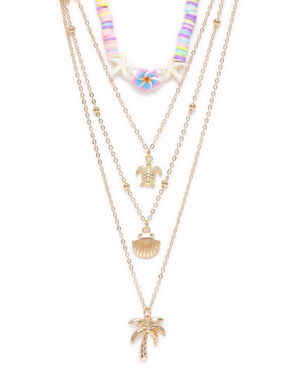 GenZ Set of 2 Rose Gold Plated Multi Layered Tortoise Shell Palm Tree Multi Pack Necklace