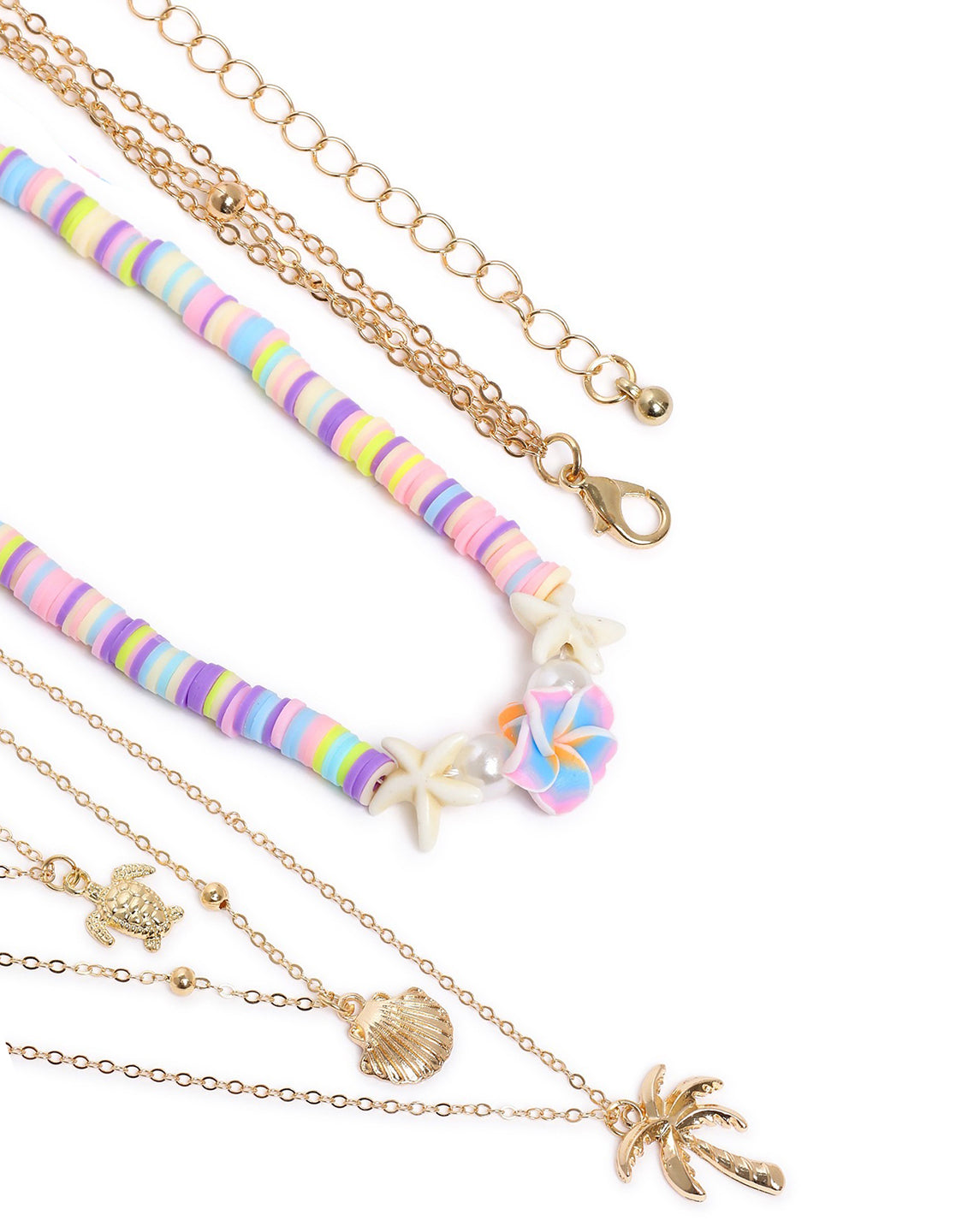 GenZ Set of 2 Rose Gold Plated Multi Layered Tortoise Shell Palm Tree Multi Pack Necklace