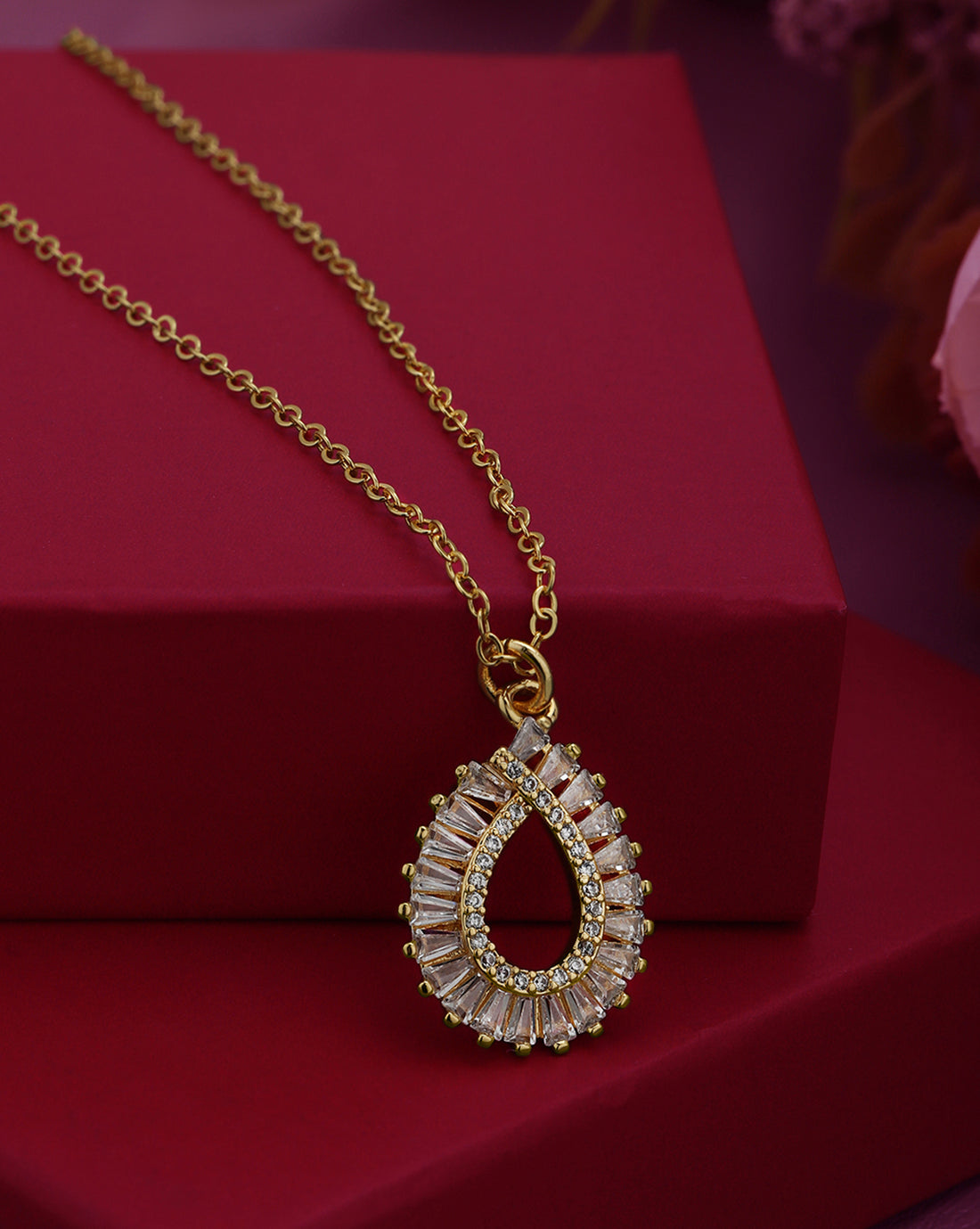 Gold Plated CZ Tear Drop Pendant Fancy Necklace