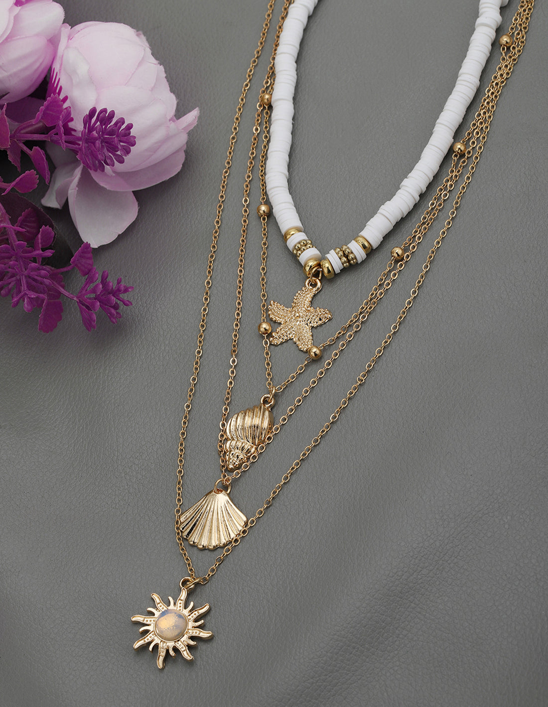 Set of 4 Rose Gold Plated White Bead Concha Shell Multi Pack Necklace