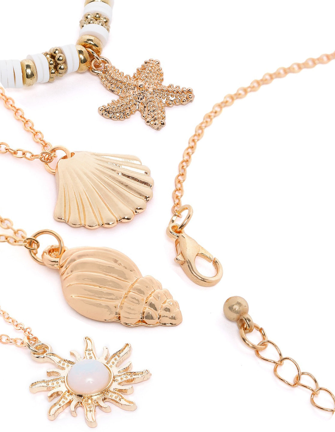 Set of 4 Rose Gold Plated White Bead Concha Shell Multi Pack Necklace