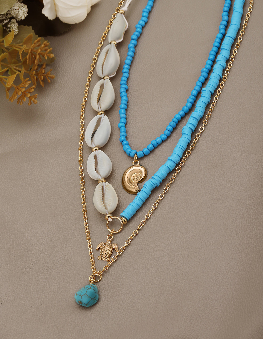 Set of 3 Rose Gold Plated Sea Shell Tortoise and Stone Multi Pack Necklace