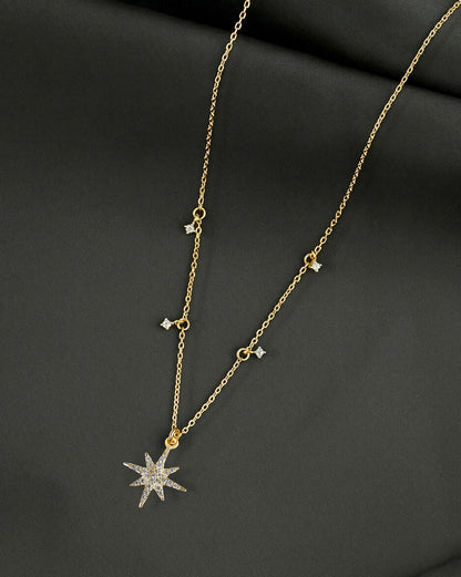 18kt Gold Plated CZ Burst Star Pendant and Chain Necklace