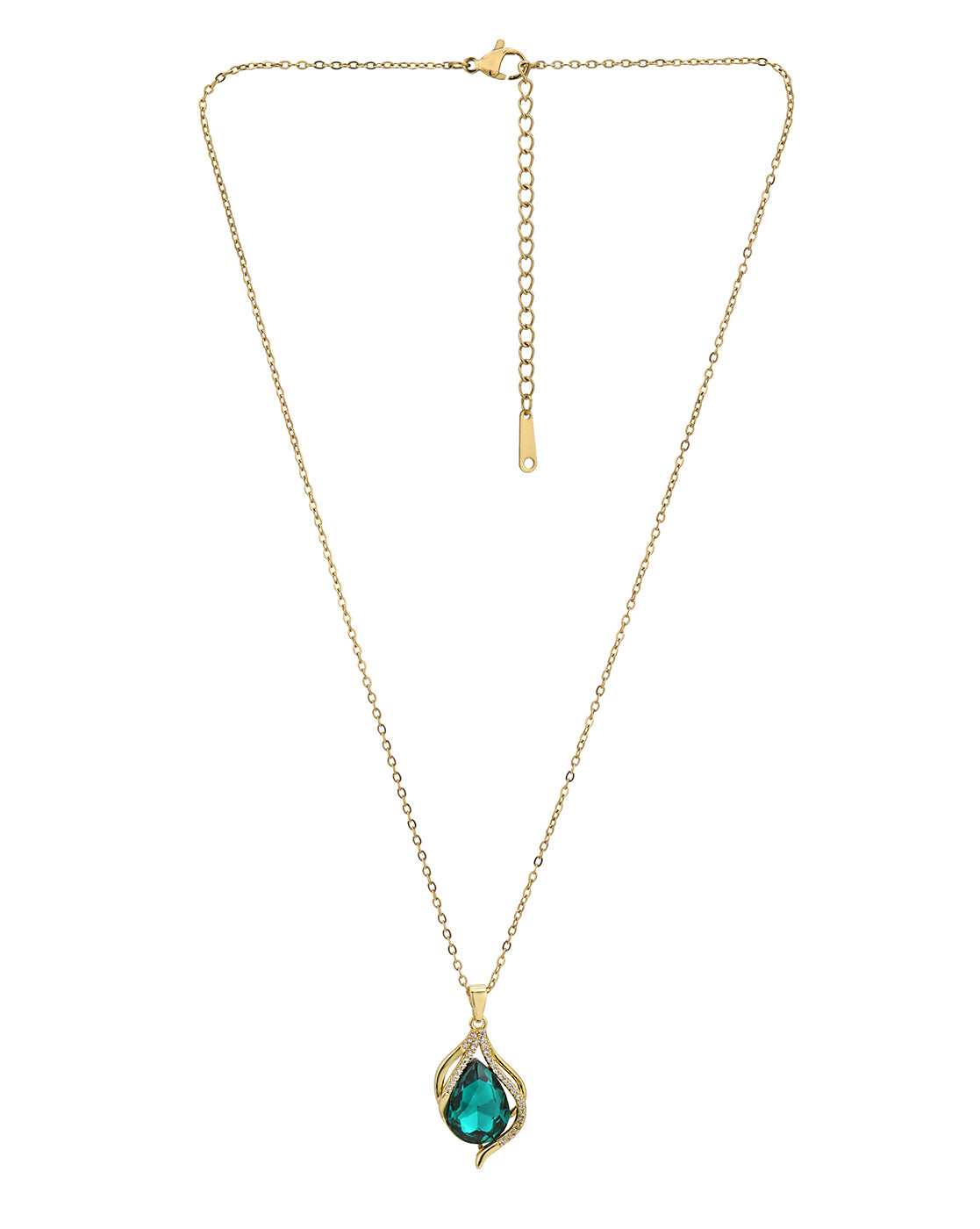 Gold Plated CZ Emerald Crystal Teardrop Pendant and Chain