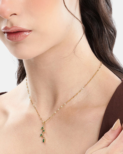 Gold Plated Green CZ Leaf Pendant with Chain