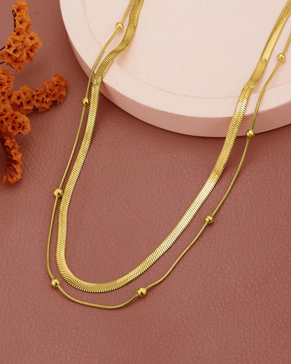 Gold Plated Snake &amp; Delicate Sphere Layered Necklace