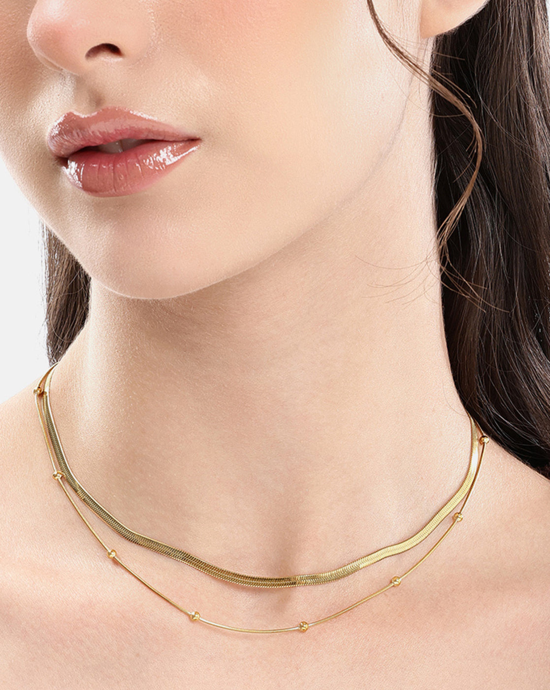 Gold Plated Snake &amp; Delicate Sphere Layered Necklace