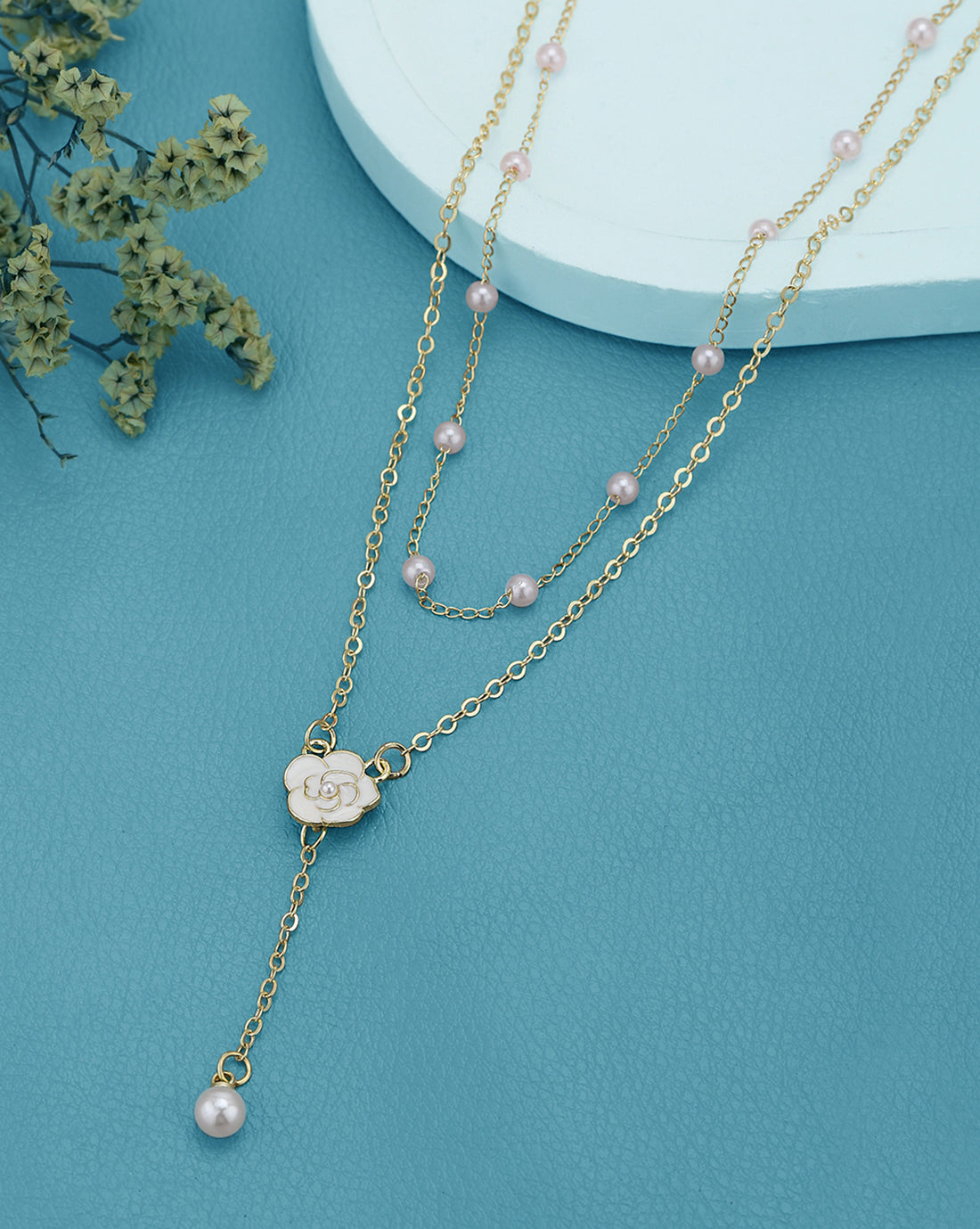 Gold Plated Pearl and Floral Lariat Layered Necklace