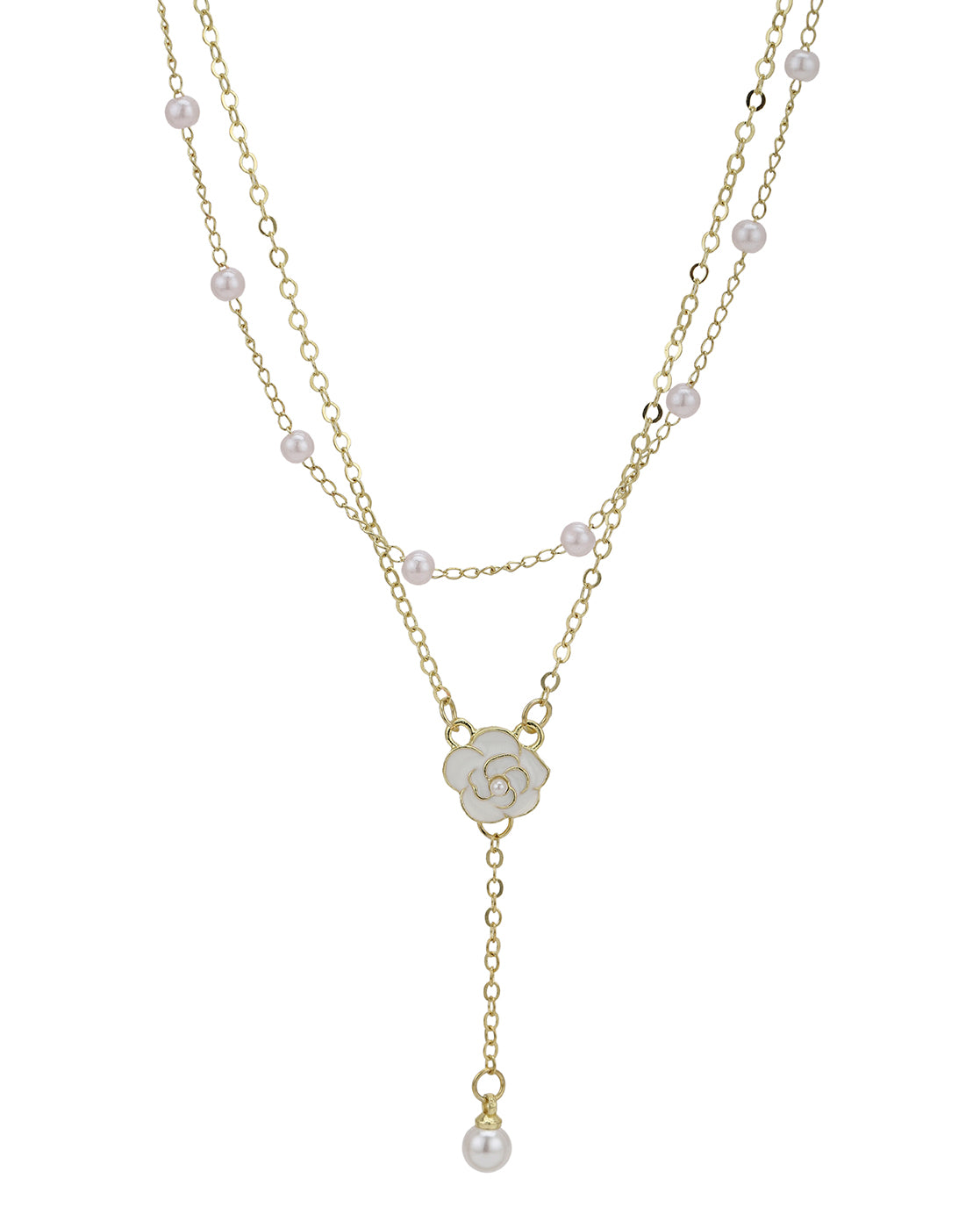 Gold Plated Pearl and Floral Lariat Layered Necklace
