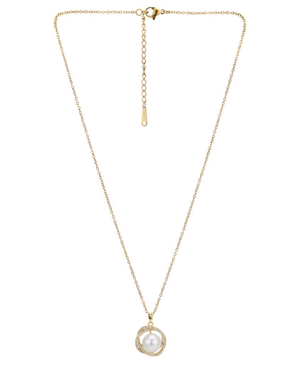 Gold Plated CZ White Pearl Contemporary Pendant and Chain