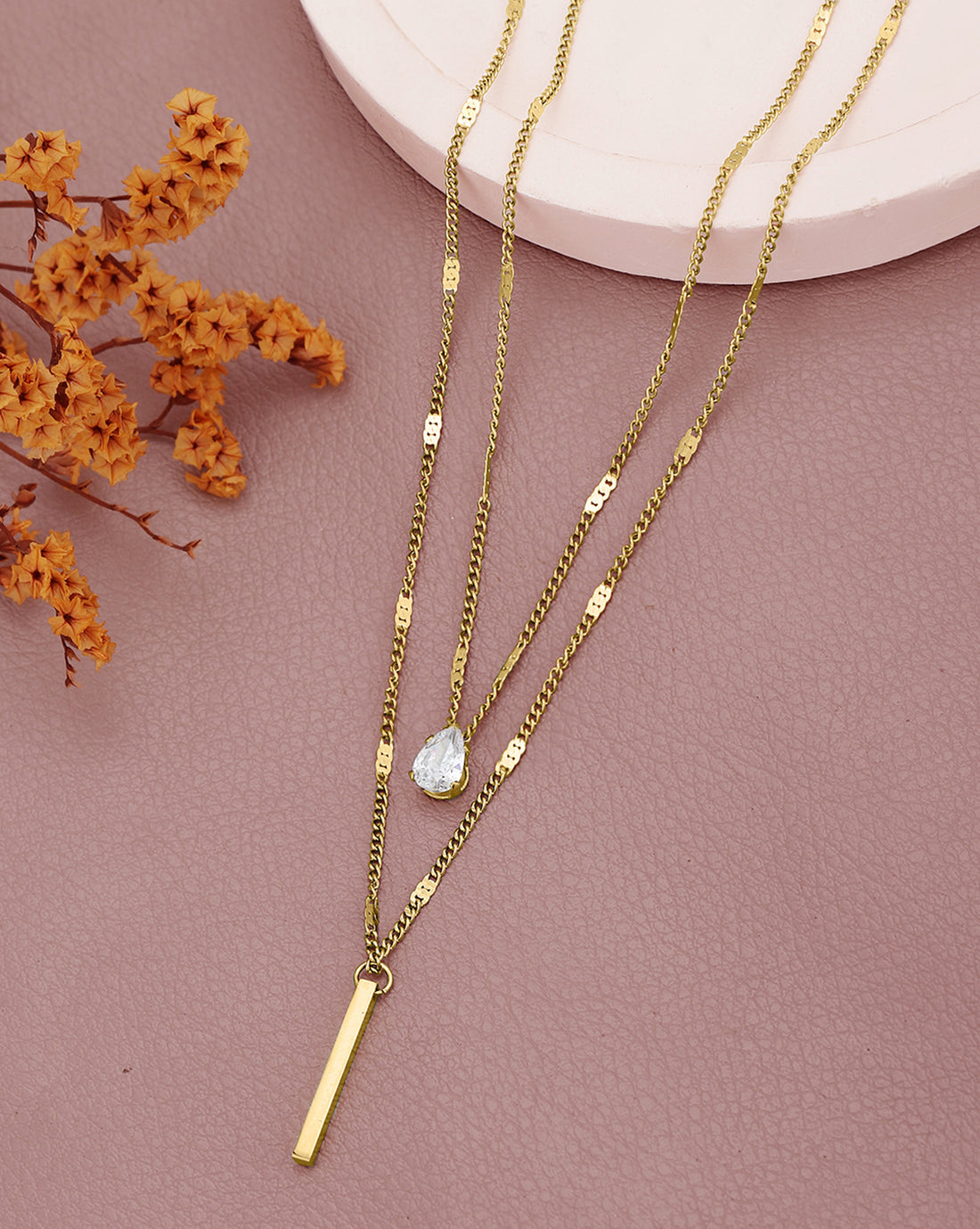 Gold Plated CZ and Bar Layered Necklace