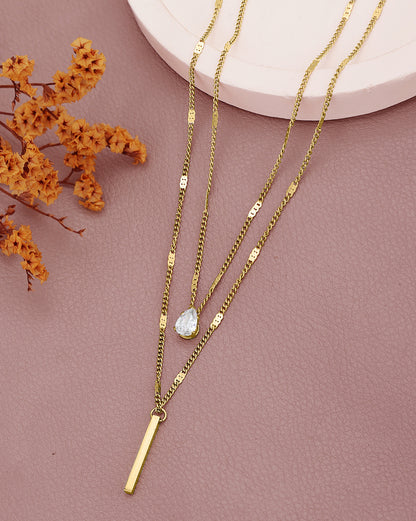 Gold Plated CZ and Bar Layered Necklace