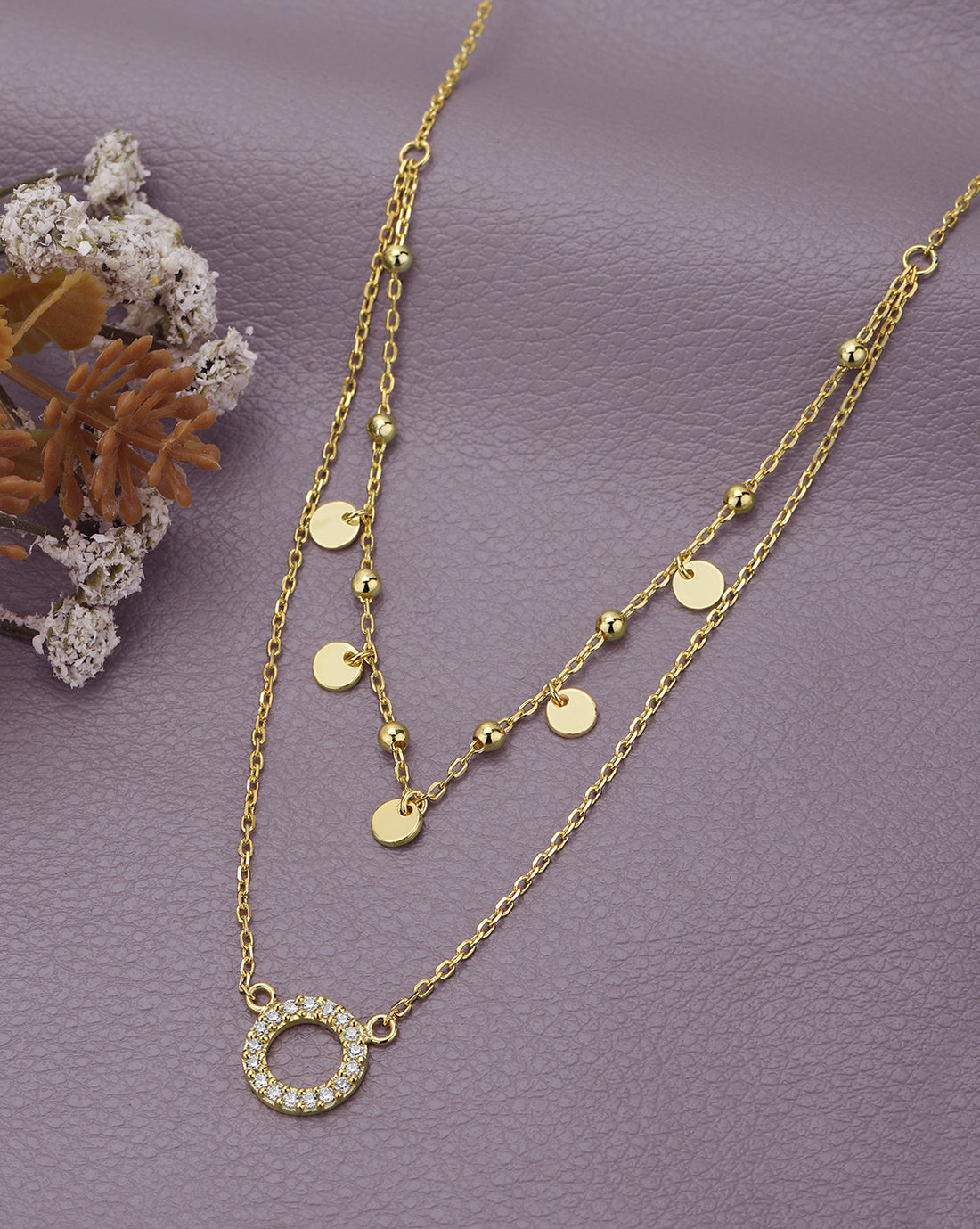 18kt Gold Plated CZ Circular Pendant Layered Necklace