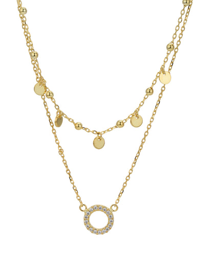 18kt Gold Plated CZ Circular Pendant Layered Necklace
