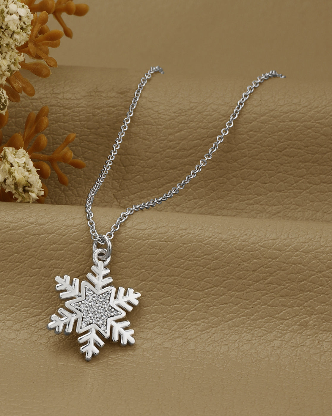 Rhodium Plated CZ Snowflake Pendant with Chain