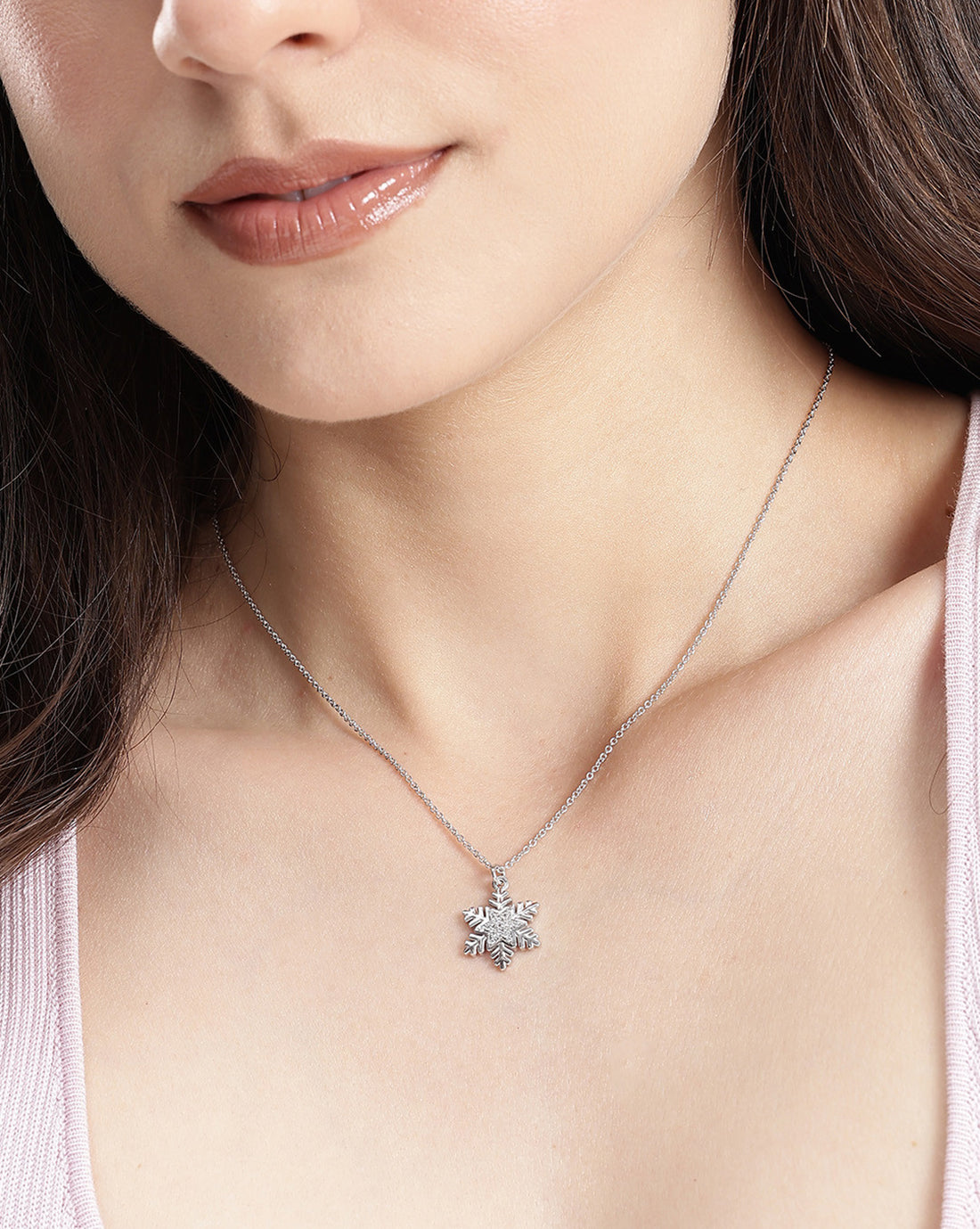 Rhodium Plated CZ Snowflake Pendant with Chain
