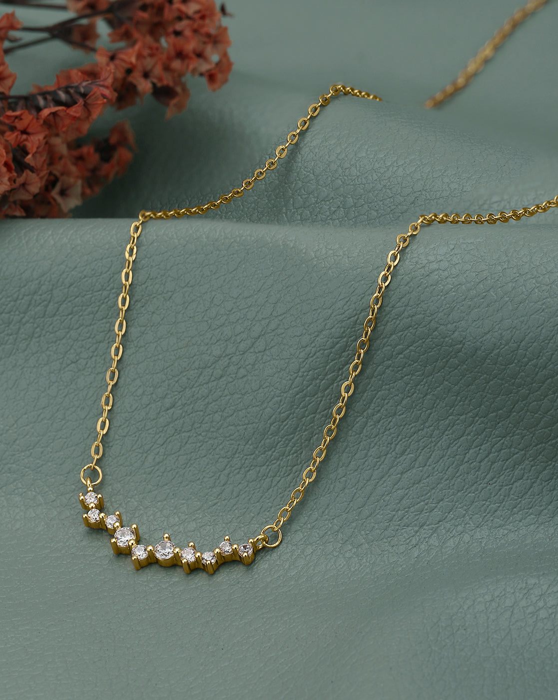 Gold Plated CZ studded Curved Bar Pendant Necklace