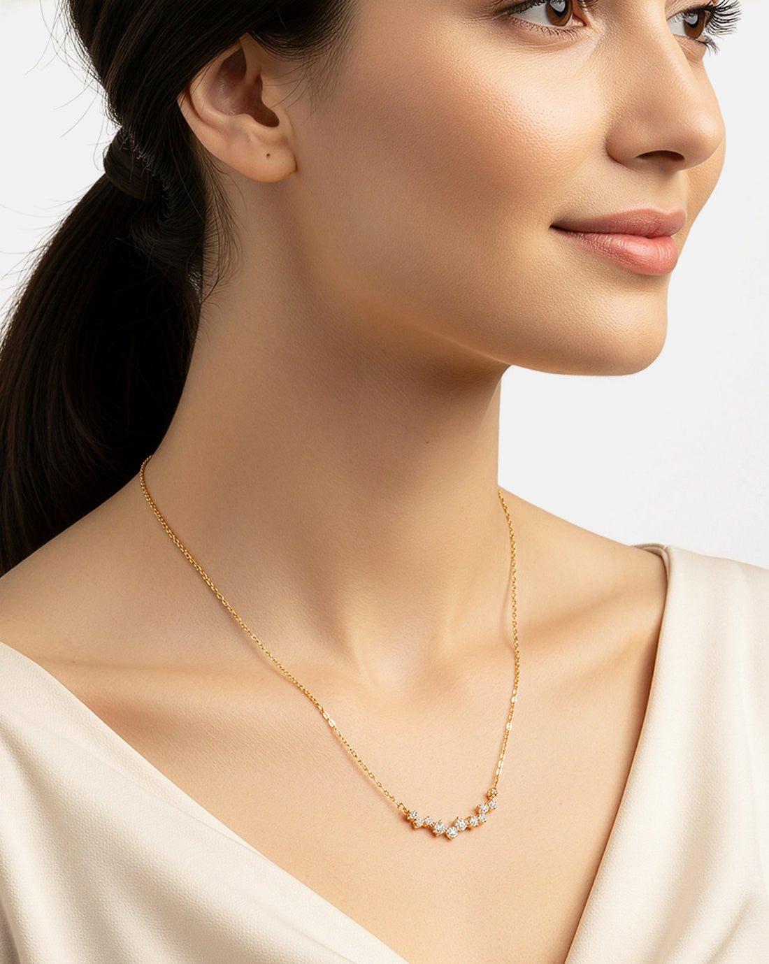 Gold Plated CZ studded Curved Bar Pendant Necklace