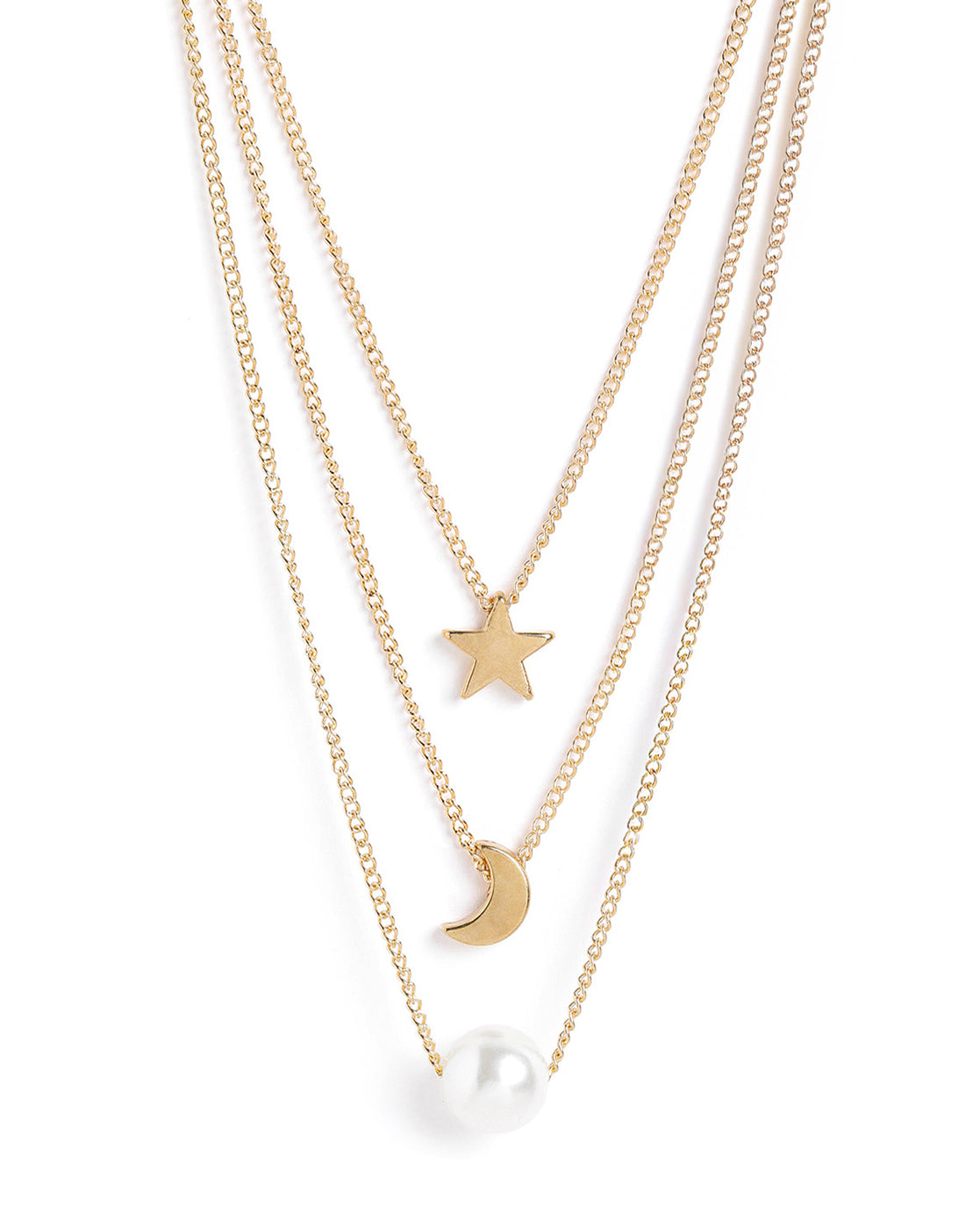 Rose Gold Plated Star Moon &amp; Pearl Pendant Multi Layered Necklace