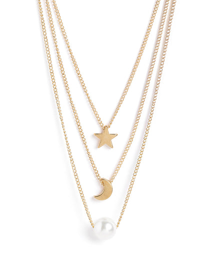 Rose Gold Plated Star Moon &amp; Pearl Pendant Multi Layered Necklace