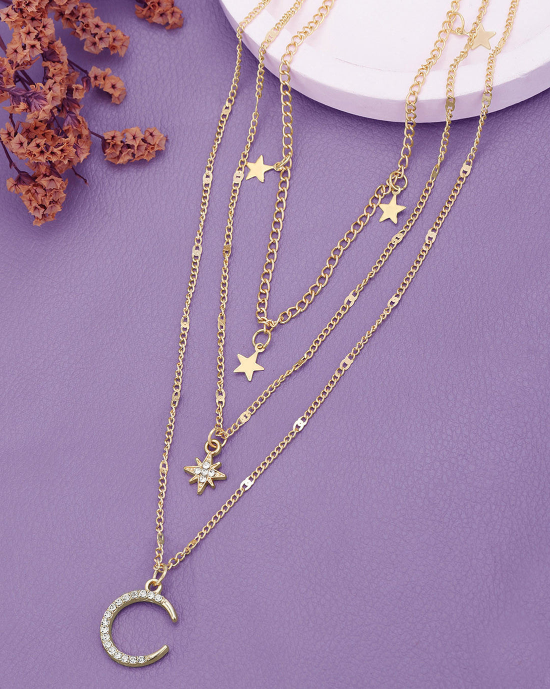 Rose Gold Plated CZ Moon and Star Pendant Multi Layered Necklace