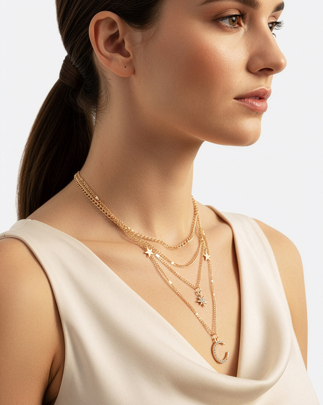 Rose Gold Plated CZ Moon and Star Pendant Multi Layered Necklace