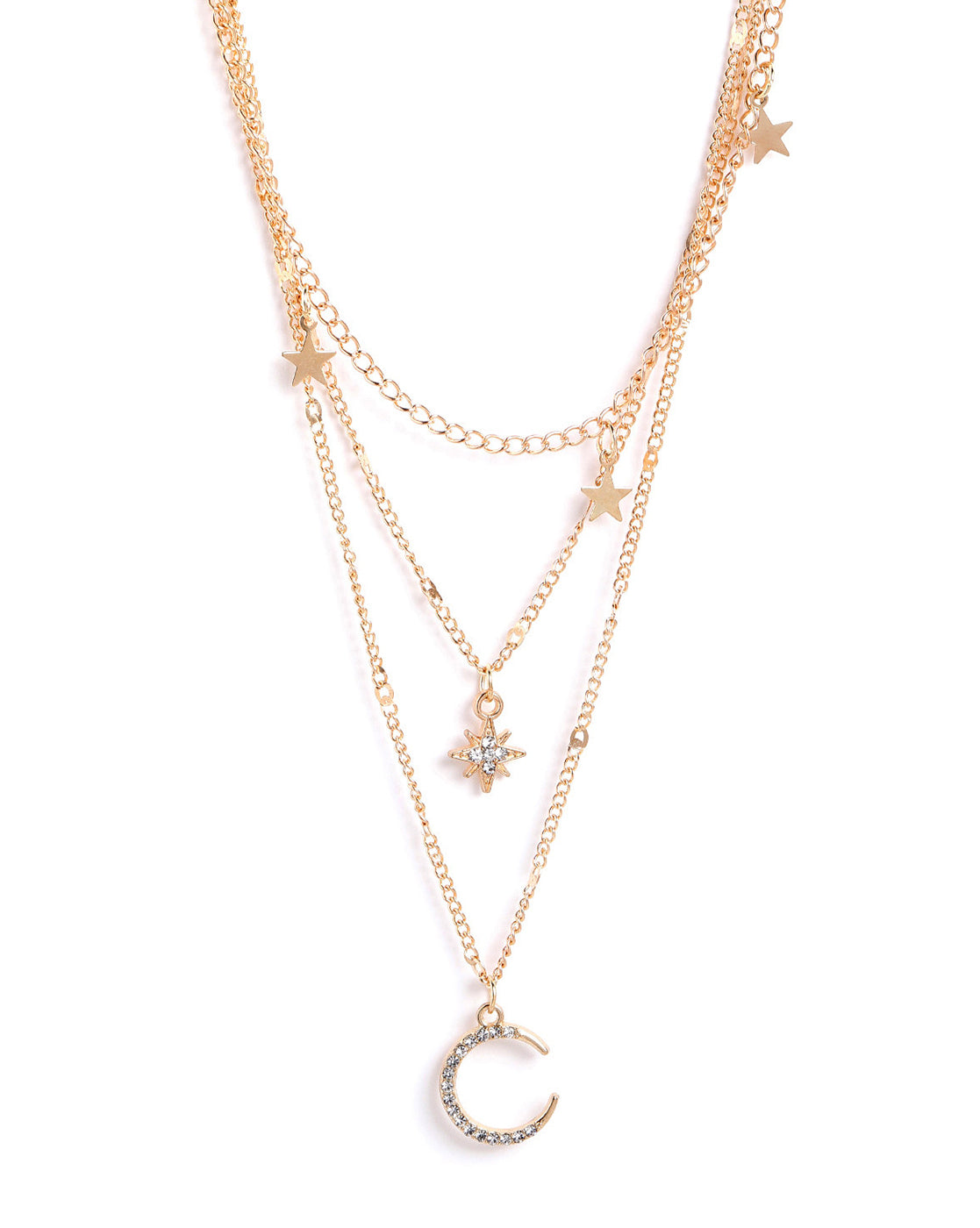 Rose Gold Plated CZ Moon and Star Pendant Multi Layered Necklace
