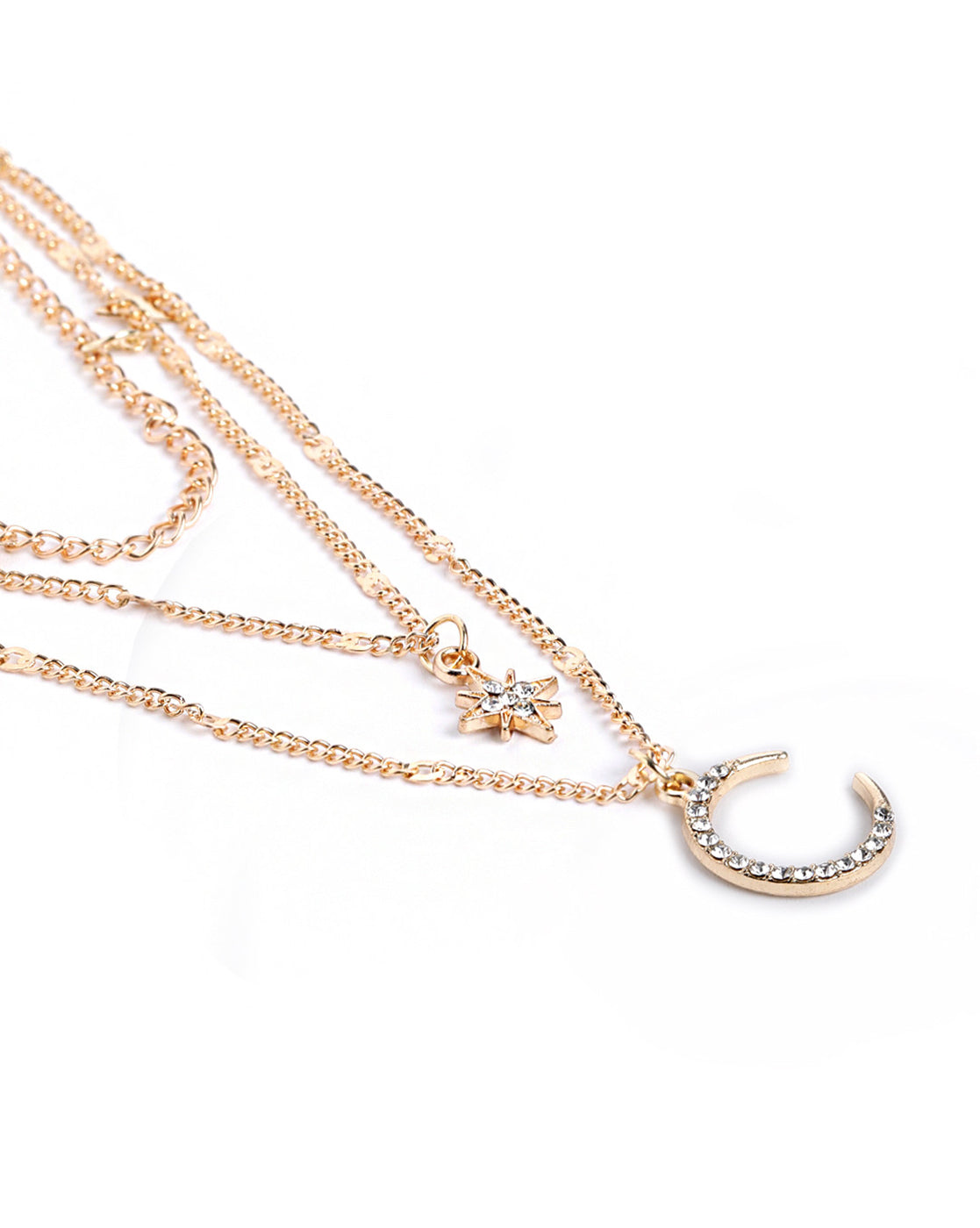 Rose Gold Plated CZ Moon and Star Pendant Multi Layered Necklace