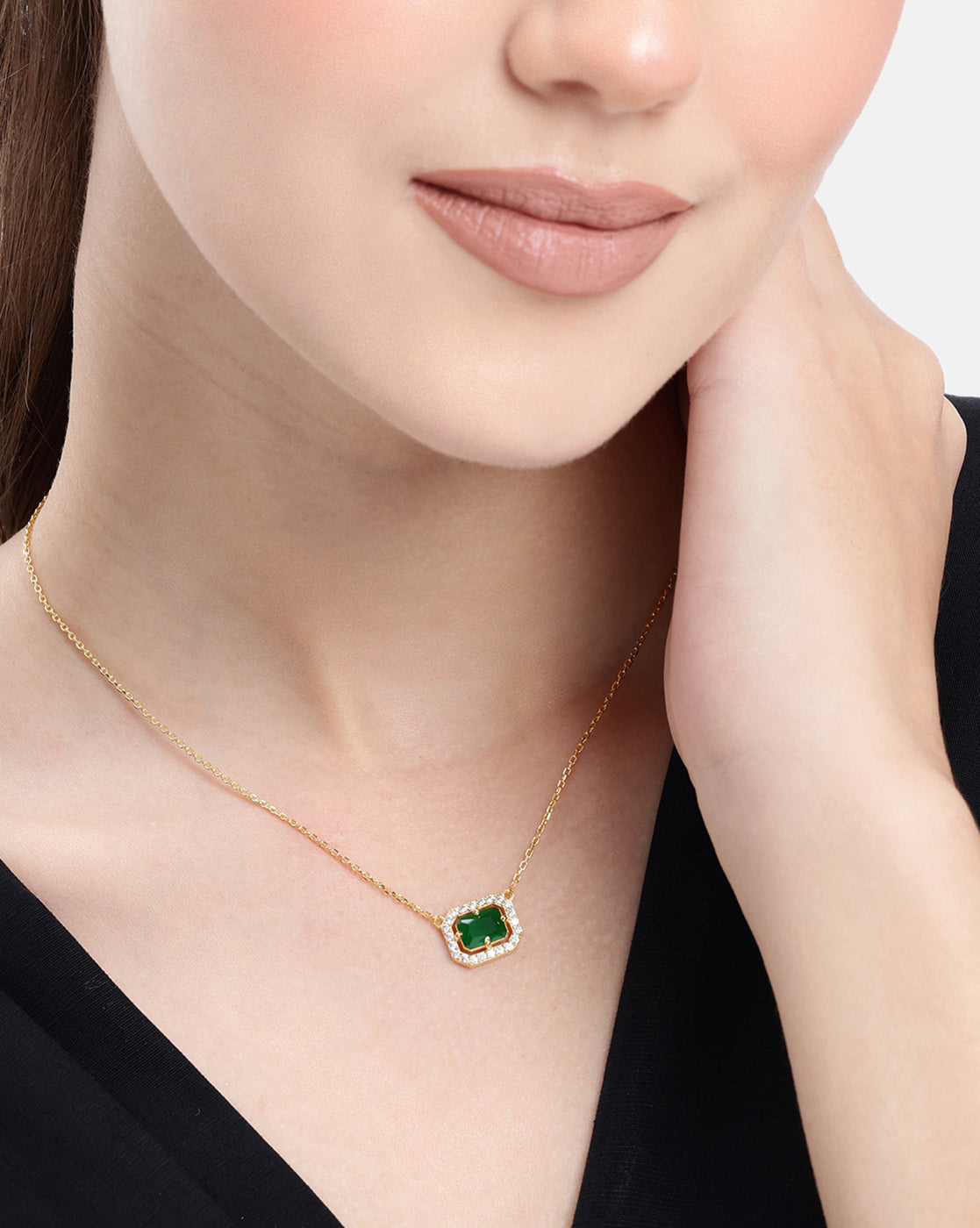 18kt Gold Plated CZ Green Stone Pendant and Chain Necklace