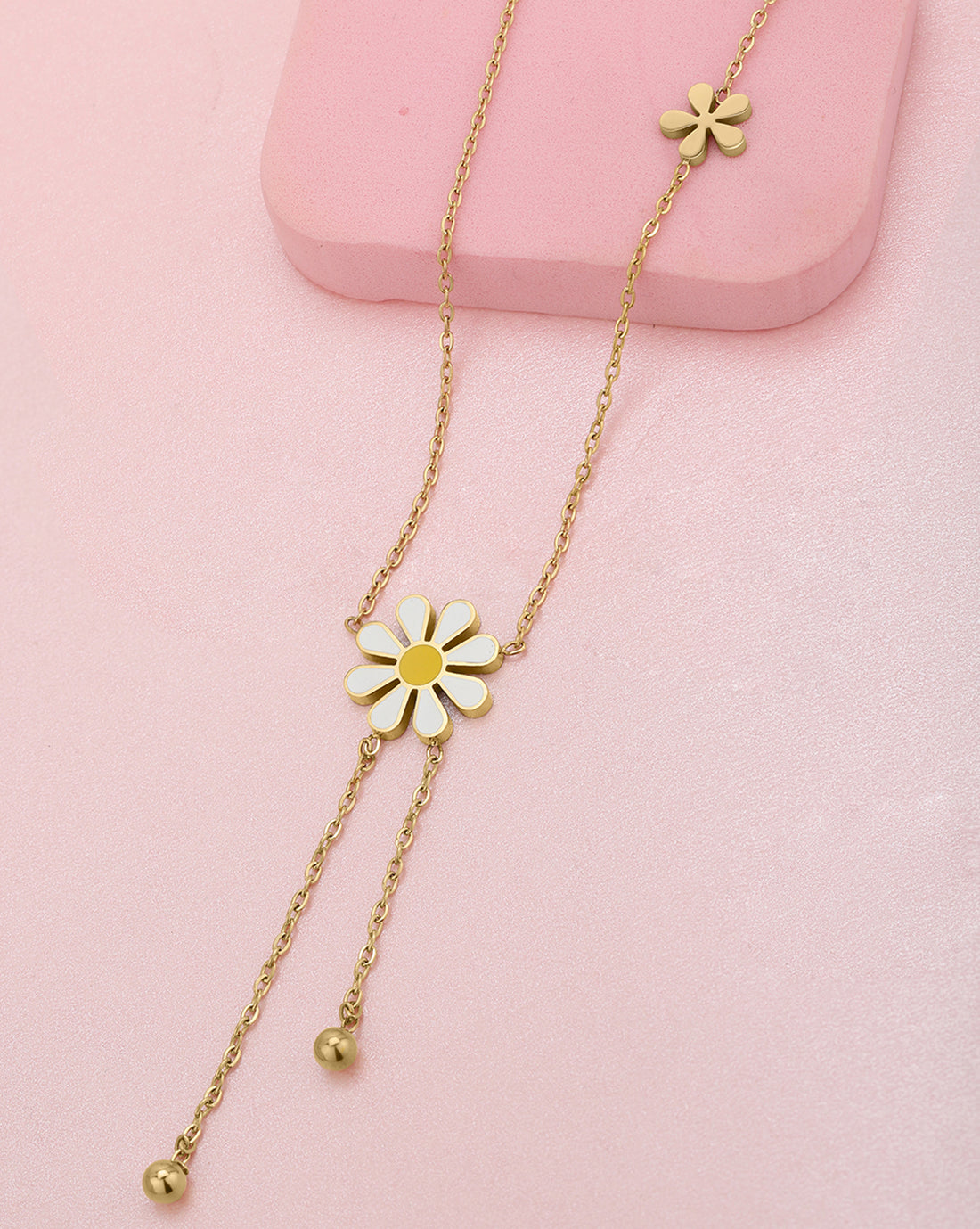 Genz 18kt Gold Plated Floral Enamel Lariat Necklace