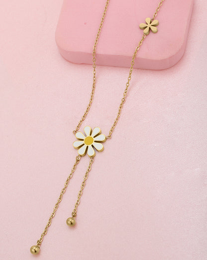 Genz 18kt Gold Plated Floral Enamel Lariat Necklace