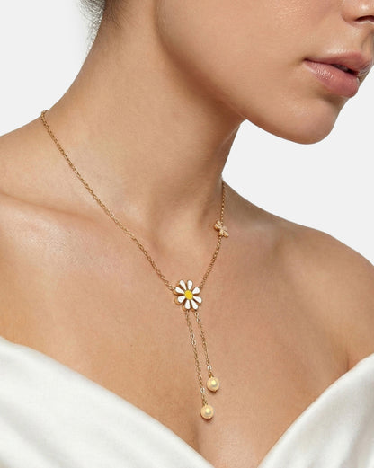 Genz 18kt Gold Plated Floral Enamel Lariat Necklace