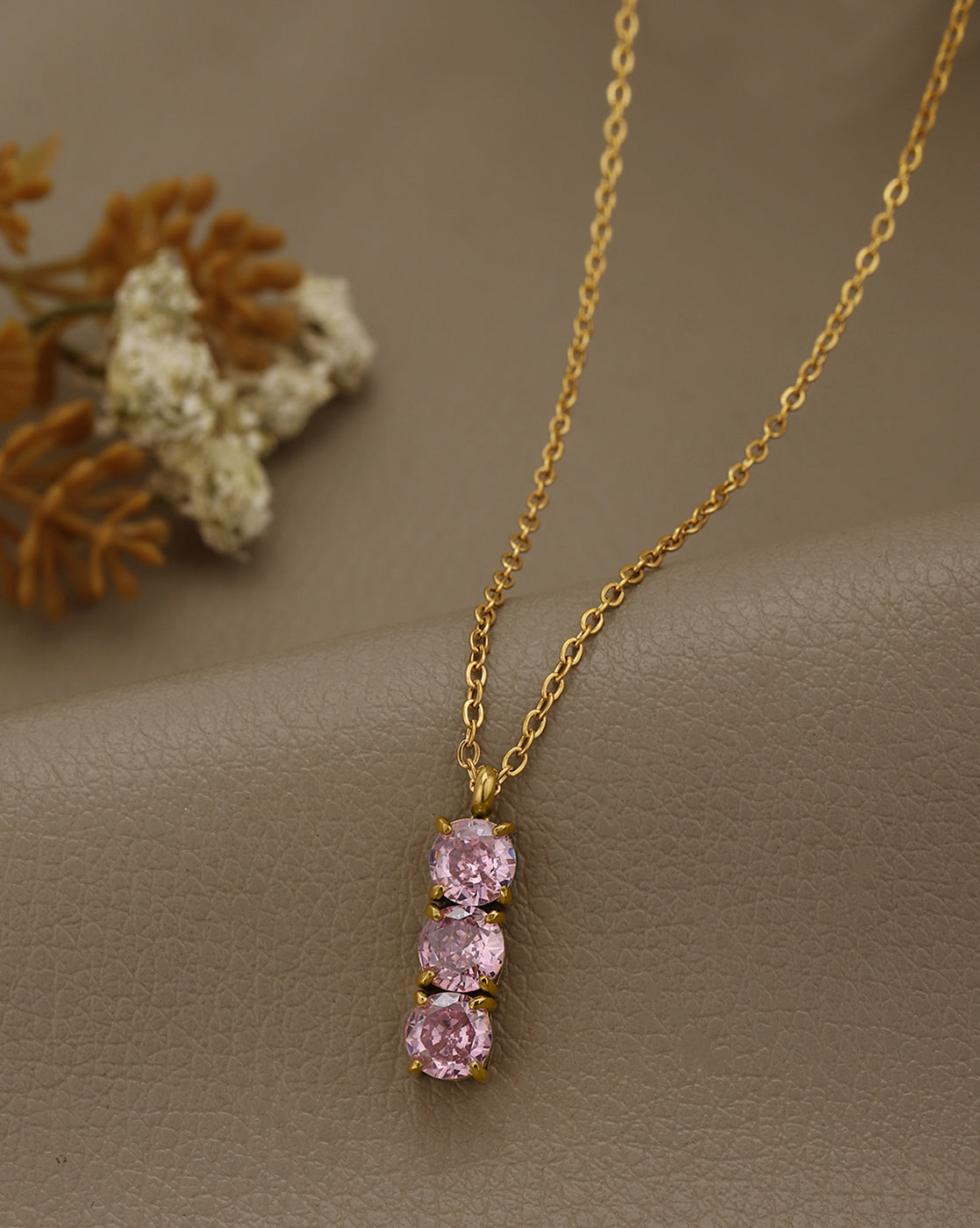 18kt Gold Plated Pink CZ Vertical Bar Pendant with Chain