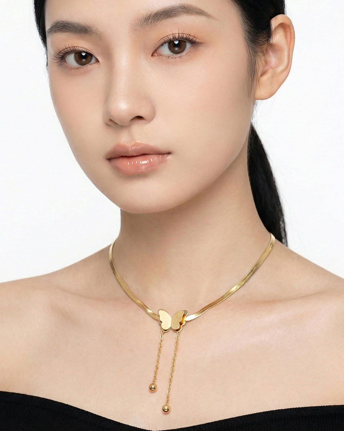 18kt Gold Plated Snake Chain Butterfly Lariat Necklace