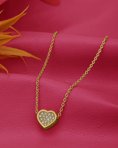 Antique Gold Plated CZ Puff Heart Pendant and Chain