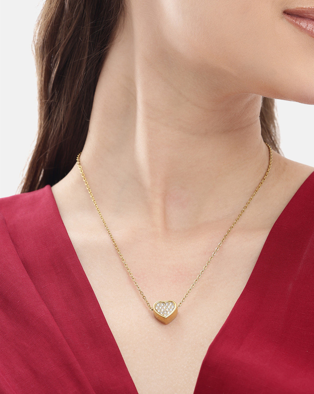 Antique Gold Plated CZ Puff Heart Pendant and Chain