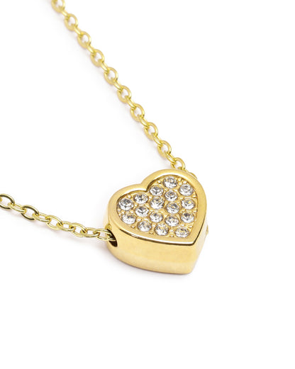 Antique Gold Plated CZ Puff Heart Pendant and Chain