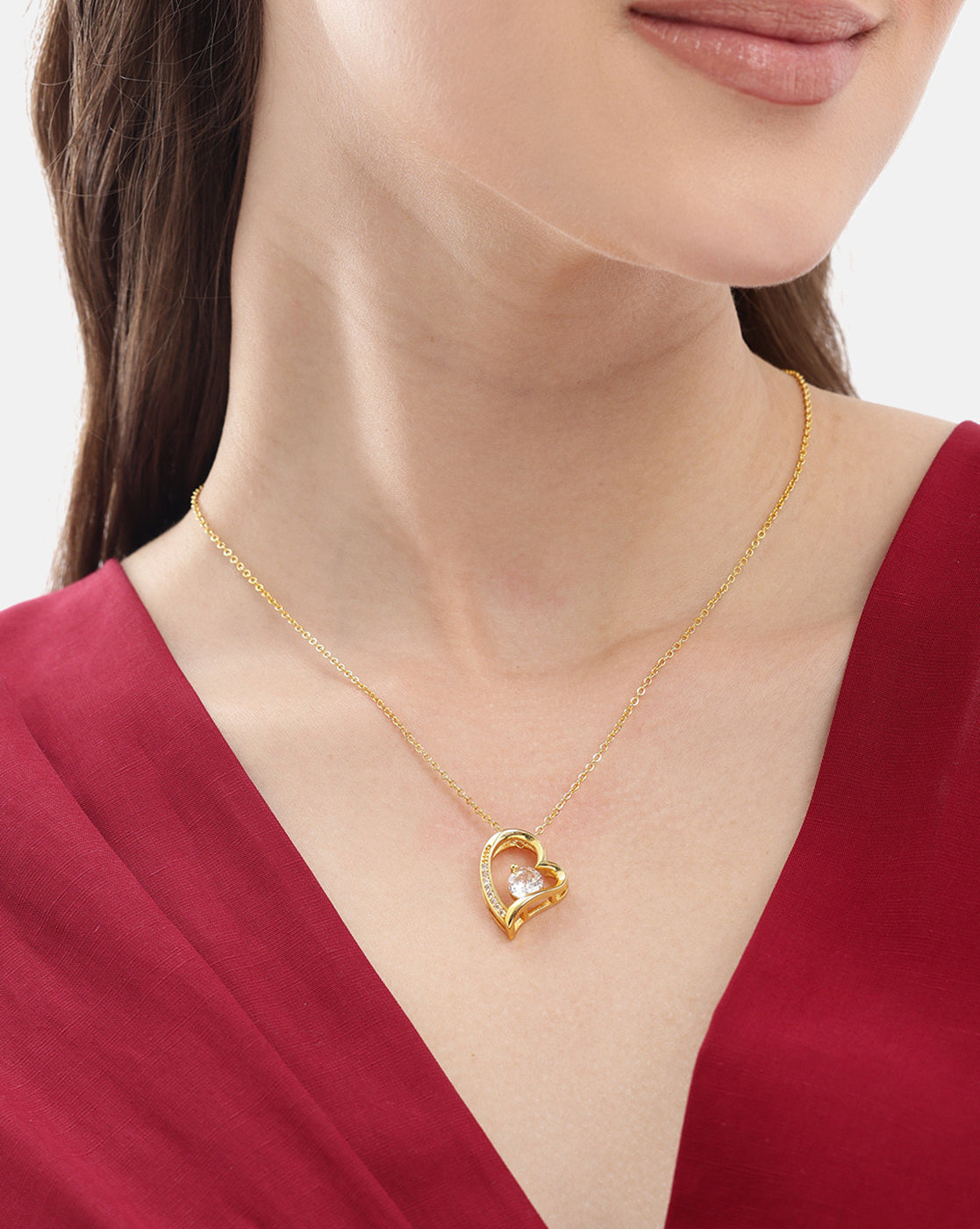 Gold Plated CZ Solitaite Heart Pendant and Chain