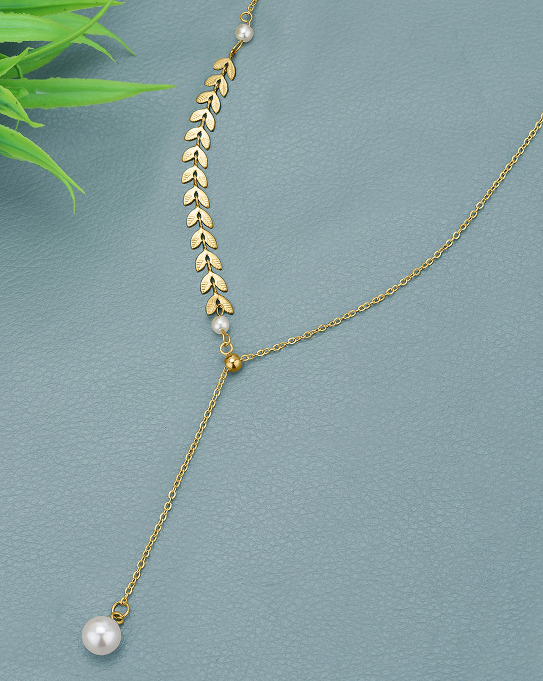 Gold Plated Dangling Pearl Leaf Necklace