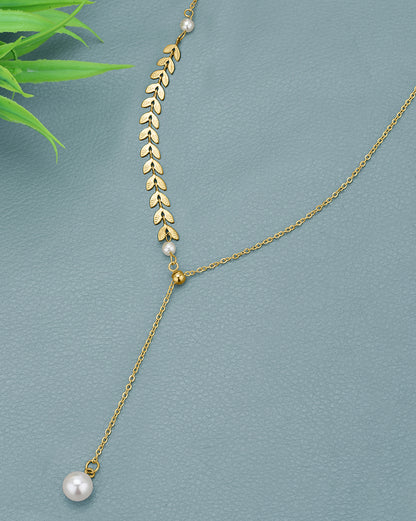 Gold Plated Dangling Pearl Leaf Necklace