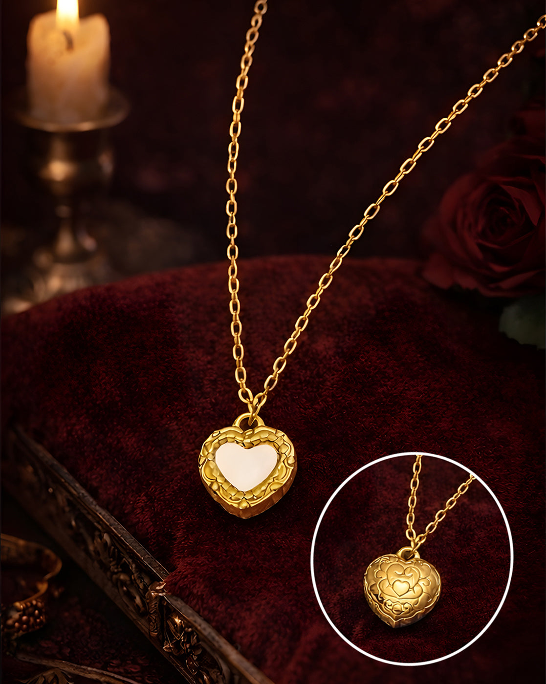 18kt Gold Plated Shell Puff Heart Reversible Pendant and Chain