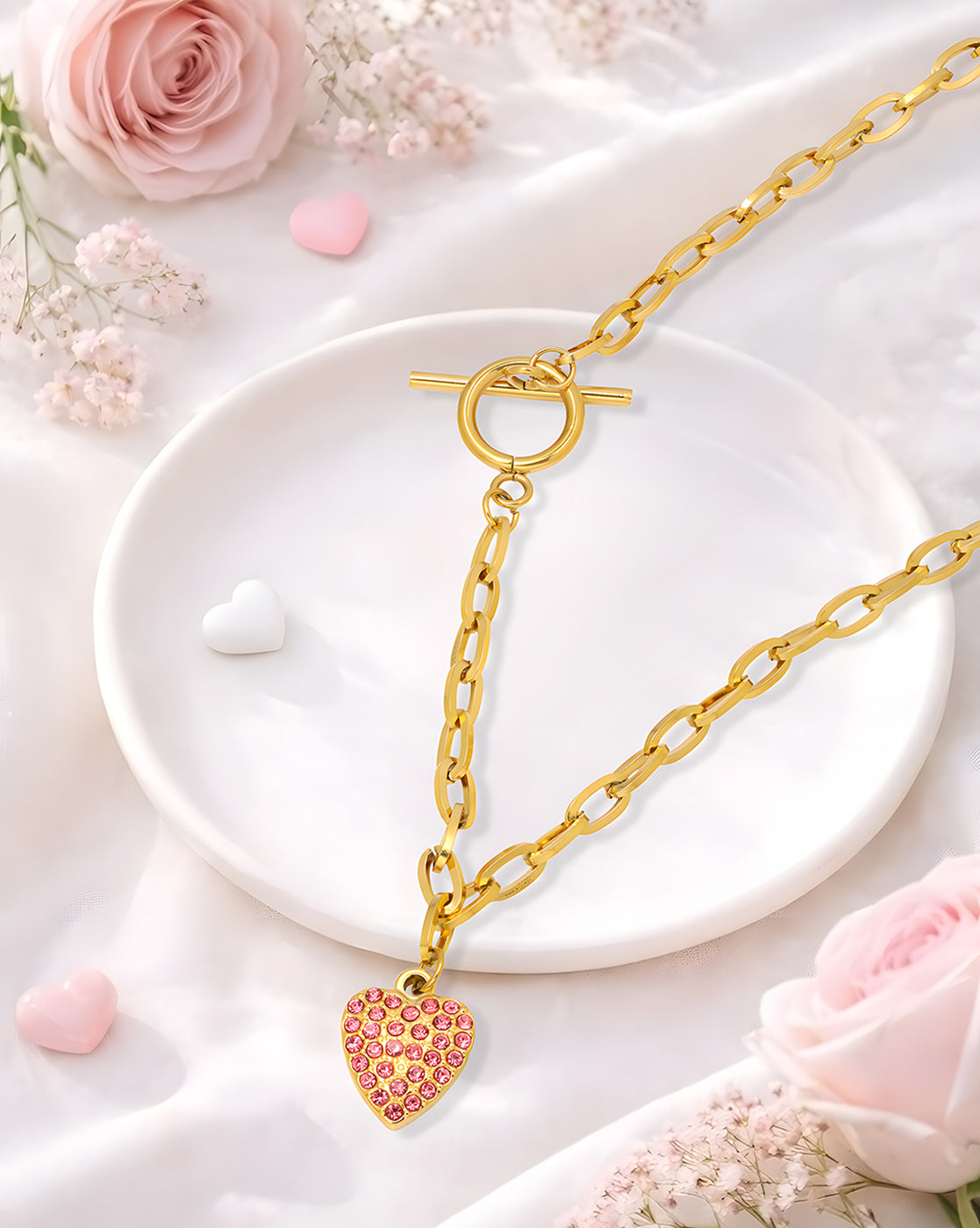 18kt Gold Plated CZ Heart Pendant with Toggle Necklace