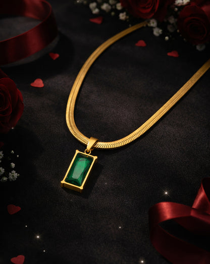Gold Plated CZ Green Square Pendant and Snake Chain