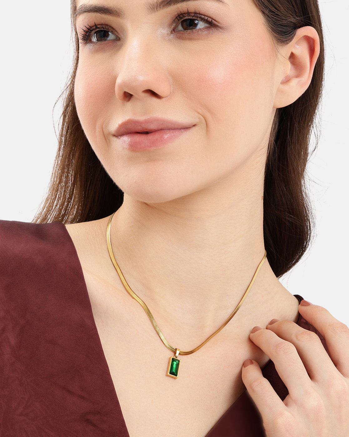 Gold Plated CZ Green Square Pendant and Snake Chain
