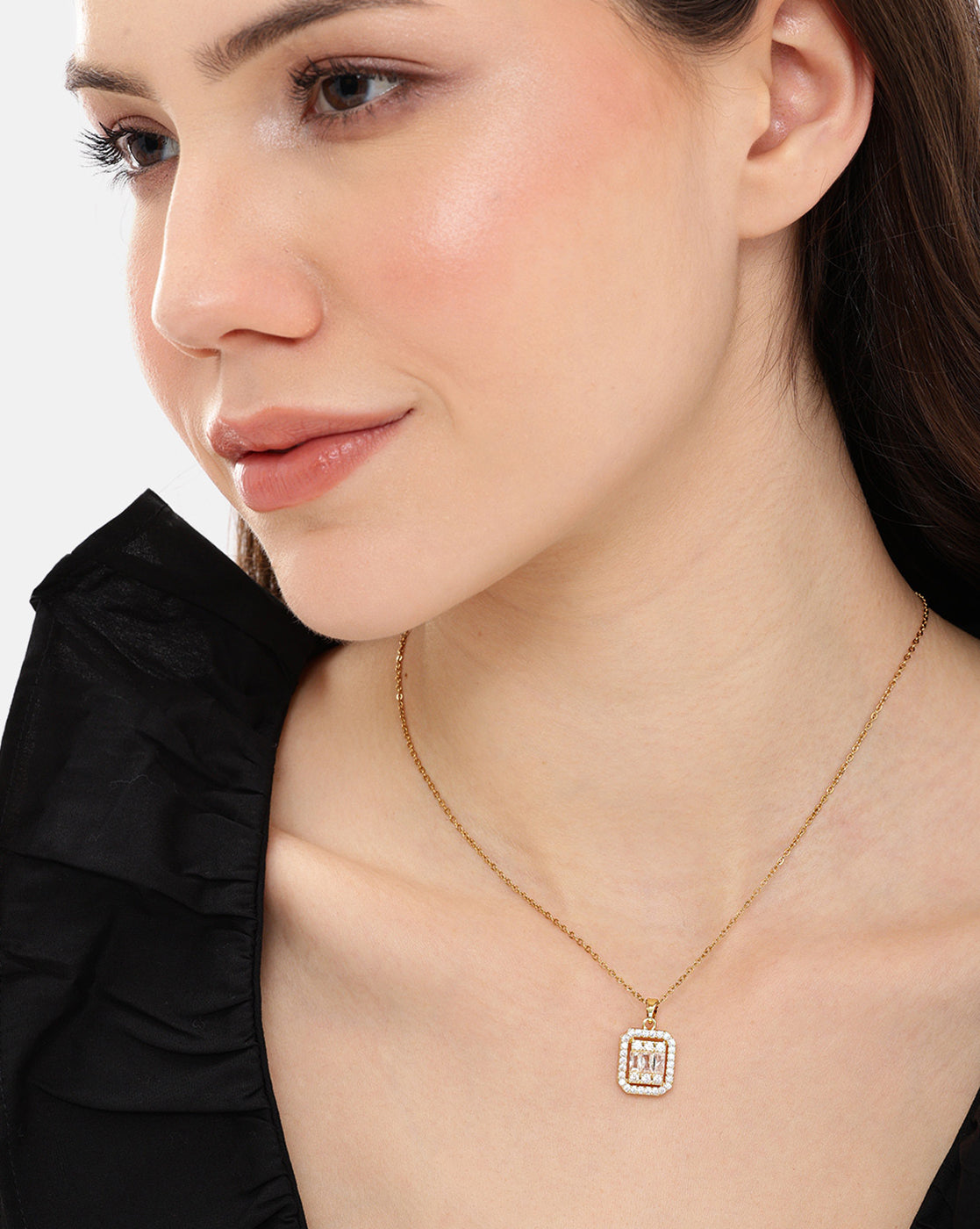 Gold Plated CZ Square Pendant and Chain